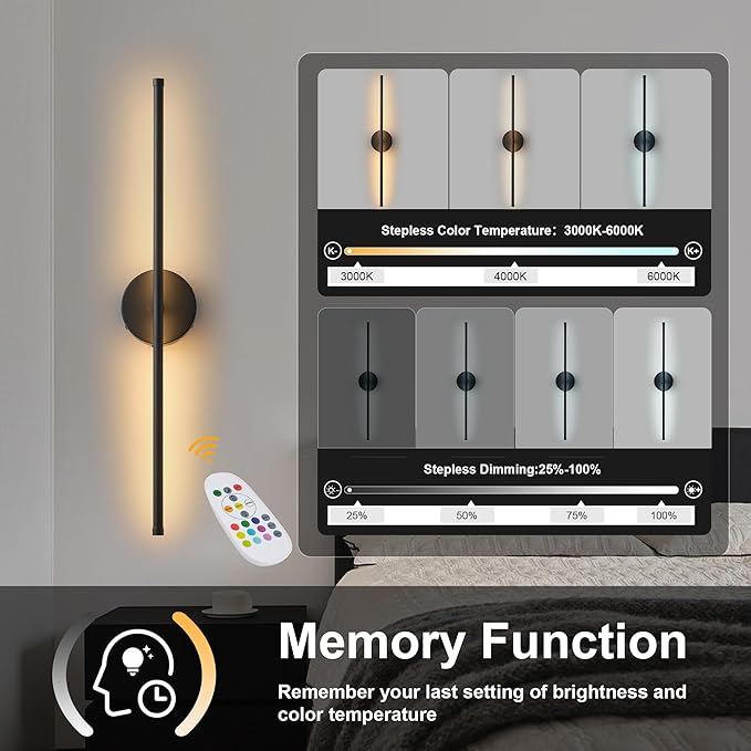 Battery Operated Wall Sconces Set of Two, with Remote Control, Dimmable, Warm White/Natural White/Daylight/RGB, 350°Rotate, LED Black Wireless Wall Light for Living Room, Bedroom, 24.4 Inch - Bloomnest