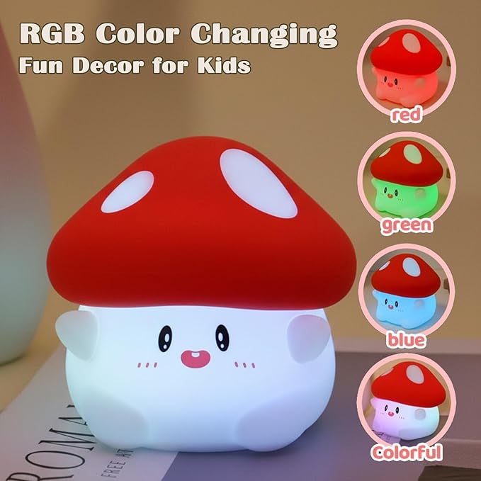 Mushroom Night Light with Squishy Soft Silicone, RGB Flashing Color, Dimmable Rechargeable Portable Touch Mushroom Gifts Decor for Girls Boys - Bloomnest