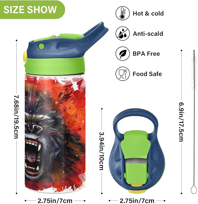 King Kong Kids Water Bottle with Straw Lid Insulated Tumbler with Handle Stainless Steel Reusable Toddlers Cup for Kids Boys 12 oz - Bloomnest