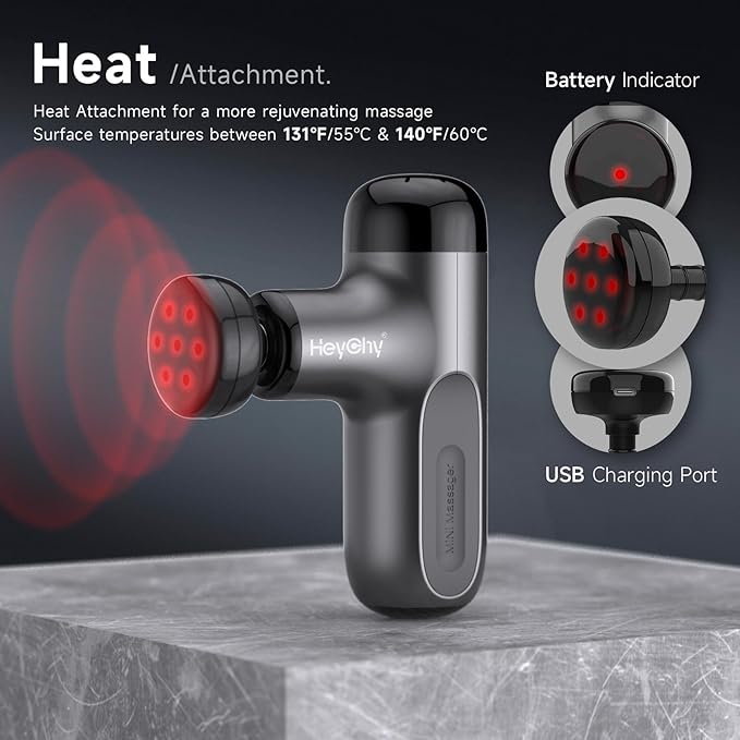 Mini Massage Gun with Heat, Deep Tissue Massage Gun, Portable Percussion Muscle Massager with 4 Massage Heads for Athletes - Bloomnest