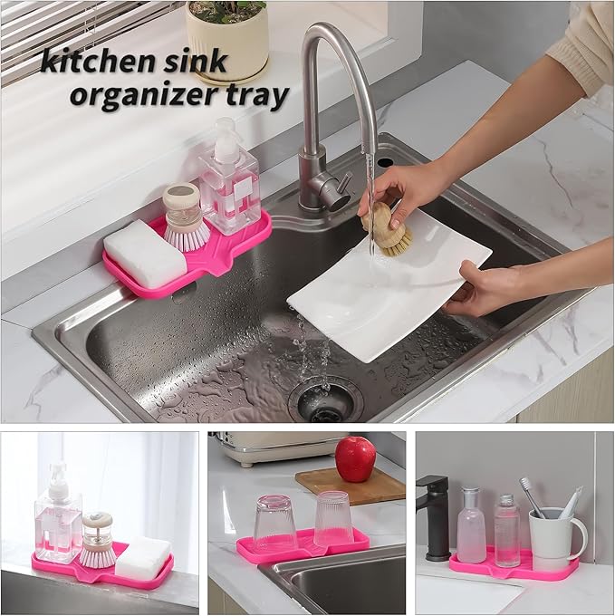 Silicone Bathroom Soap Dishes with Drain Spout-Bathroom and Kitchen Sink Organizer,Sponge Holder,Dish Soap Tray,Perfect for Dispenser,Scrubber,Bottle,Cup on Sink or Counter-Rose 9.6"×5.3" - Bloomnest