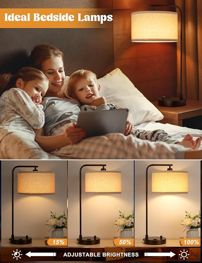 Brown Side Table Lamp with USB Port and Outlet, Dimmable Nightstand Bedside Lamps with Linen Lampshade, Desk Lamp for Bedroom, Living Room, Guest Room, Home Office, LED Bulb Included - Bloomnest