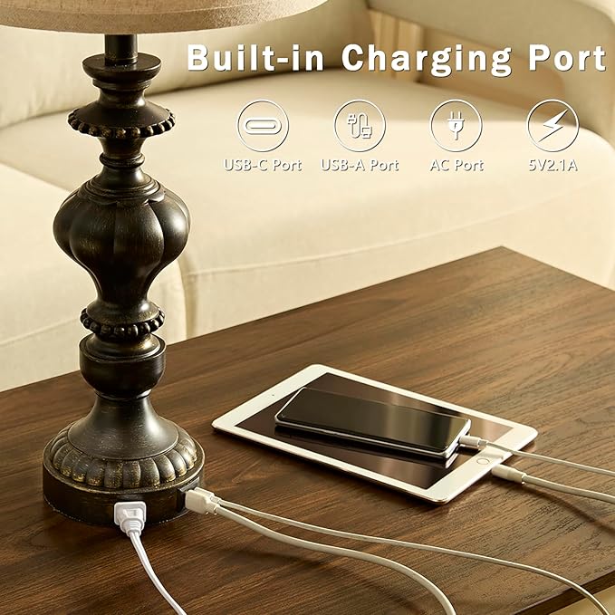 27.5" Farmhouse Table Lamps Set of 2 Bedside Nightstand Lamp with USB C+A Ports & AC Outlet, 3 Way Dimmable Touch Lamps for Bedroom Living Room Office Rustic Lamp (Rotary Switch-Black) - Bloomnest
