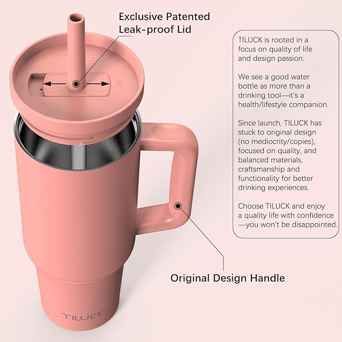TILUCK 40 oz Tumbler with Handle, Vacuum Insulated Stainless Steel Travel Mug with 100% Leak-Proof Silicone Straw Lid, Cupholder Friendly Water Bottle(CoralRed, 40oz)