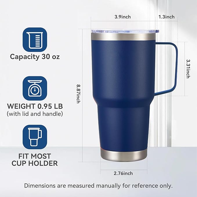 30 oz Tumbler with Handle and Lid, Stainless Steel Tumblers Double Wall Vacuum Insulated Travel Mug Leak Proof Cup Keep Drinks Cold and Hot Navy, 1 Pack - Bloomnest