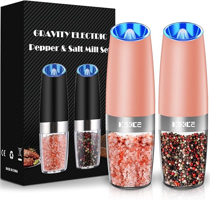 XinXu Gravity Electric Pepper and Salt Grinder Set, Adjustable Coarseness, with LED Light, One Hand Automatic Operation (Set/Coral X) - Bloomnest