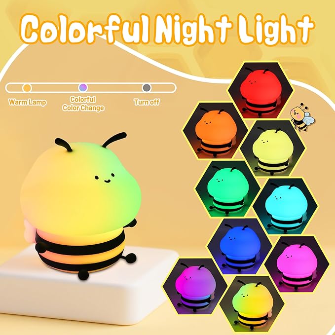 Attivolife Bee Night Light, Cute Bumble Bee Gift for Kid, Animal Silicone Nursery Lamp with 8 Color Light & Dimming & Timer, Rechargeable Bedroom Classroom Decor Birthday Xmas Gift for Girl Boy - Bloomnest