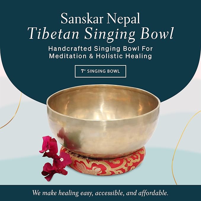 Tibetan Singing Bowl, Handcrafted Singing Bowl for Meditation, Prayer & Holistic Healing, Yoga Accessories, 7" Sound Bowl with Wooden Striker, Artisanal Pouch & Cushion - Bloomnest