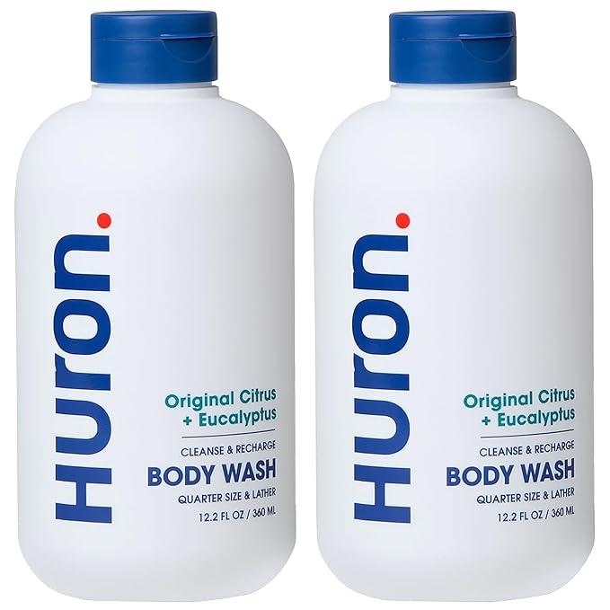 Huron Men’s Moisturizing Body Wash – Crisp & Invigorating Scent of Citrus, Eucalyptus, Mint, & Aromatic Greens - Coconut Oil, Vitamin E & Witch Hazel – Vegan, Cruelty-Free - 12.2 fl oz (2 Pack) - Bloomnest