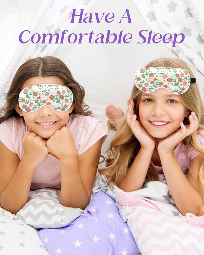 Kids Sleep Mask - Silk Eye Mask for Kids Cute Cartoon Cool Kawaii Soft Smooth Lightweight Boys Girls Teens Sleeping Mask with Adjustable Straps, Strawberry - Bloomnest