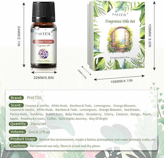 PHATOIL Coconut 20 Pcs Fragrance Oil Set, Premium Fragrance Oil, for Humidifier, DIY Candle & Soap Making Scent, Aromatherapy Diffuser Oils Set (5ML) - Bloomnest