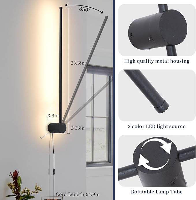 Dimmable Plug in Wall Sconce Set of 2, Black 23.6" LED Wall Light with Remote, Adjustable Color Temperature Brightness Wall lamp with Timer for Living Room,Bedroom and Accent Lighting - Bloomnest