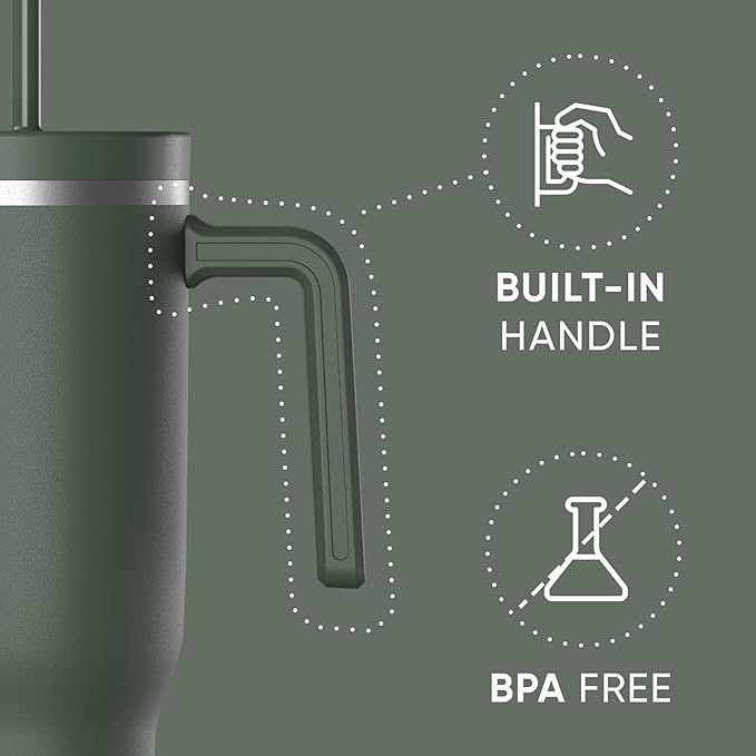 Hydrapeak Voyager 40 Oz Stainless Steel Tumbler with Handle, Insulated Water Bottle With Straw & Lid, Cupholder Friendly Reusable Travel Mug (Thyme) - Bloomnest