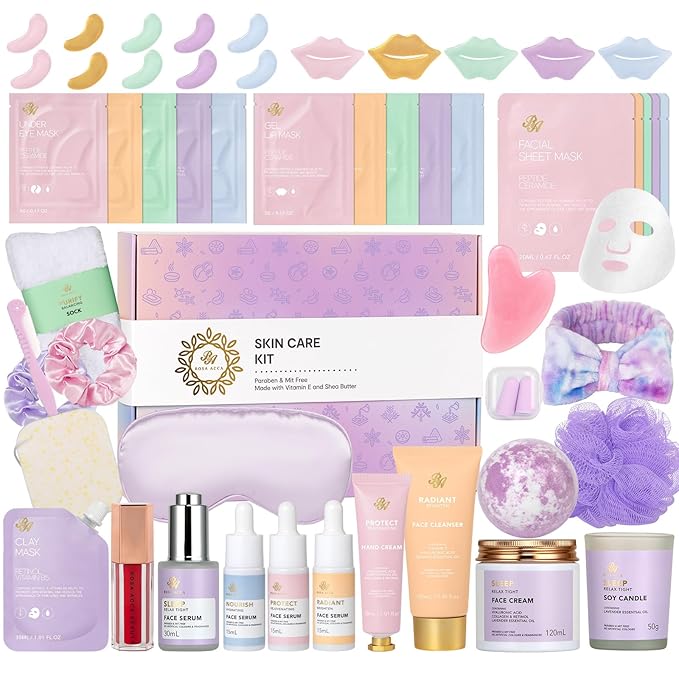 Valentines Day Gifts for Women, 38 Pcs Hydrating Skin Care Face Sheet Mask, Bath & Body Spa Set, Self-Care Pampering Gift Basket, Bath Bomb, Eye Mask, Face Serum, Lip Gloss, Mother Day, Birthday