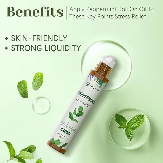 Peppermint Essential Oil Roll On, Natural & Prediluted Oil Blend Roller with Fresh Minty Aroma - Aromatherapy & Headache Relief - Bloomnest