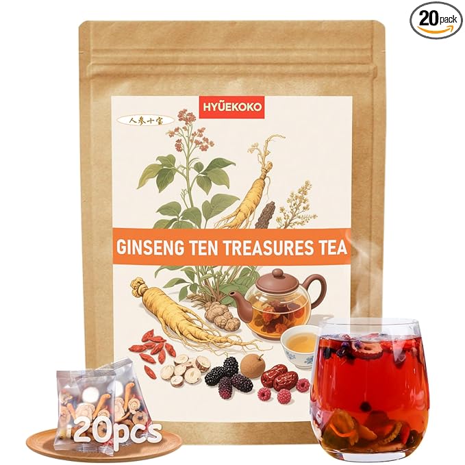 20 Bags Ginseng Ten Treasures Tea, Caffeine-Free Natural Ingredients Herbal Tea Bags, No Additives, Kidney Tea for Men & Women - Bloomnest