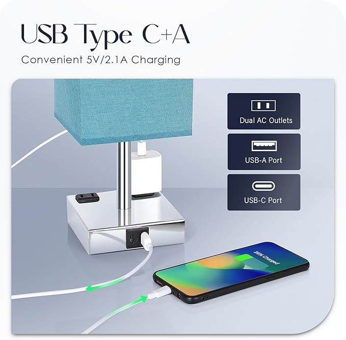 Bedside Lamp with USB Ports - Touch Control Table Lamp for Bedroom with USB C+A Charging Ports & AC Outlets, 3 Way Dimmable Nightstand Light with Flaxen Shade for Living Room (LED Bulb Included, Blue) - Bloomnest