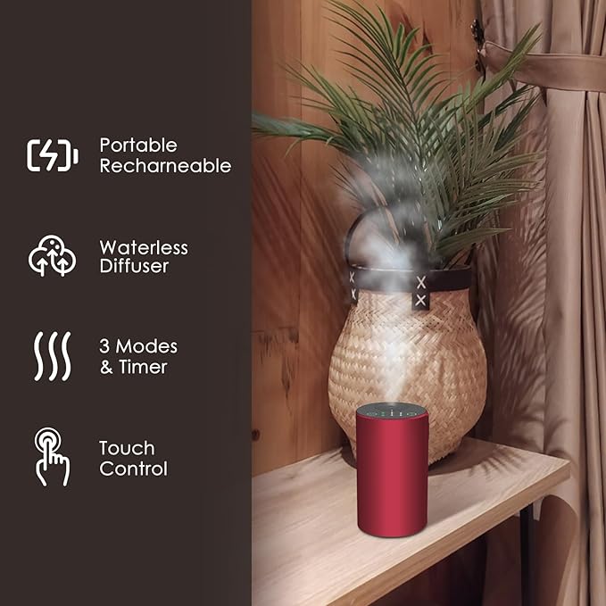 Waterless Essential Oil Diffuser, 7 Colors LED Light, Battery Powered Mini Scent Air Machine, Aromatherapy Mist Diffuser for Home Room Car Office (red) - Bloomnest