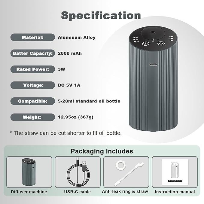 Waterless Essential Oil Diffuser for Home Car Office, Scent Diffuser with 4 Timer (1/3/6H & Off) & 3 Mist(L/M/H), Rechargeable Aromatherapy Diffuser, Portable Mini Air Aroma Diffuser, Silver Grey - Bloomnest