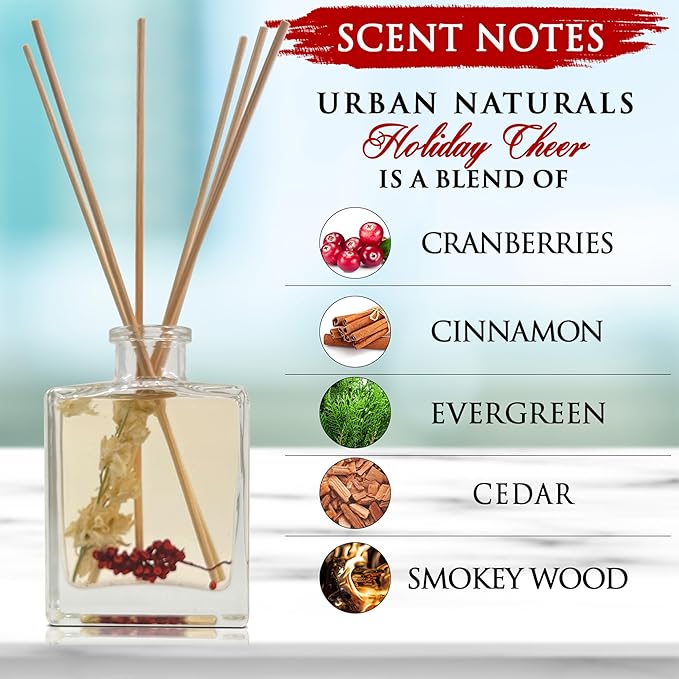 Urban Naturals Holiday Cheer Reed Diffuser Set – Cranberry, Cinnamon, Evergreen, Cedar & Smokey Wood – Made with Essential Oils – Sleek Rectangular Refillable Glass Bottle – Made in the USA UrbanNaturals