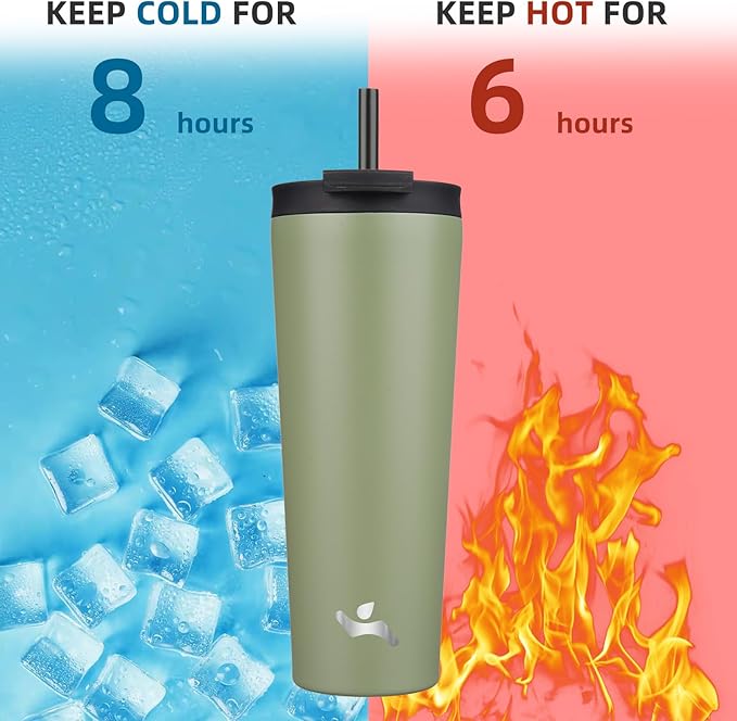 26 OZ Insulated Tumbler with Lid and 2 Straws Stainless Steel Water Bottle Vacuum Travel Mug Coffee Cup,ArmyGreen - Bloomnest