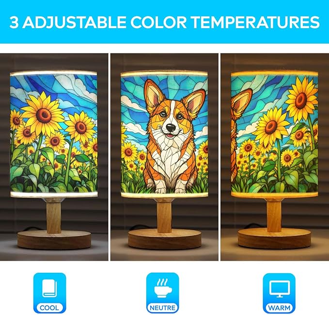 Pembroke Welsh Corgi Table Lamp LED 3-Color Pressed Bedside, Dog Shade Lamp with Wood Base for Bedroom Living Room Desk Office - Bloomnest