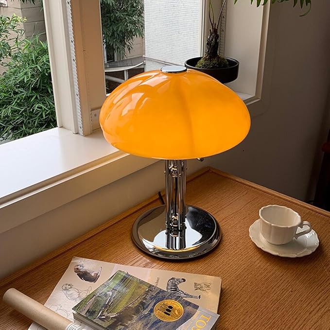 Mushroom Table Lamp with Caramel Lampshade,Art Deco Glass Desk Light with Chrome Base,Dimmable Small Nightstand Lamp,Mid Century Table Light for Living Room Bedroom - Bloomnest