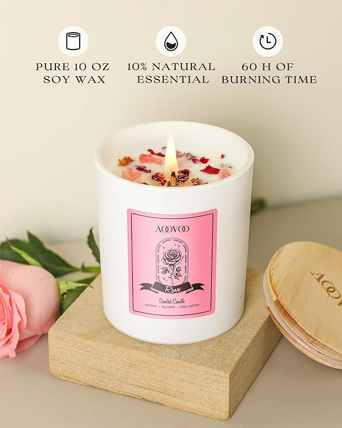 AOOVOO Rose Scented Candles for Women - Aromatherapy Candle with Crystals Inside, 10oz Soy Candles for Home Scented, Birthday Gifts Christmas Candle for Mom Women - Bloomnest