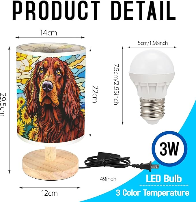 Irish Setter Table Lamp LED 3-Color Pressed Bedside, Dog Shade Lamp with Wood Base for Bedroom Living Room Desk Office - Bloomnest