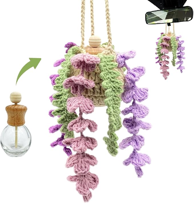Crochet Car Air Freshener, 15ml Empty Refillable Oil Diffuser Bottle with Crochet Violet Hanging Plant for Car Rearview Mirror Decor, Handmade Home&Office Decor - Bloomnest