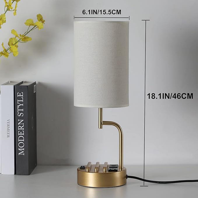 Dreamholder Table Lamp with 3 USB Charging Ports, Modern Desk Lamp with AC Outlet and Phone Stands, Perfect Bedside Lamp for Bedroom, Living Room, Office (Pack of 2), Gold - Bloomnest
