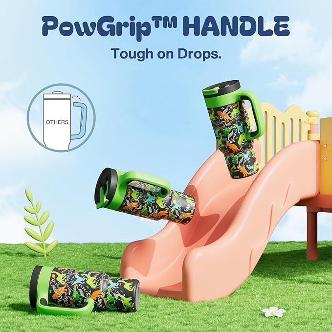 24 oz Kids Tumbler with Straw for Boys: Leakproof, Cold for 26 Hrs, Hot for 10 Hrs, Durable Handle, Insulated Stainless Steel Cup for Daycare, School, Classroom, Playtime, Birthday, Gift (Dino Rawr） - Bloomnest