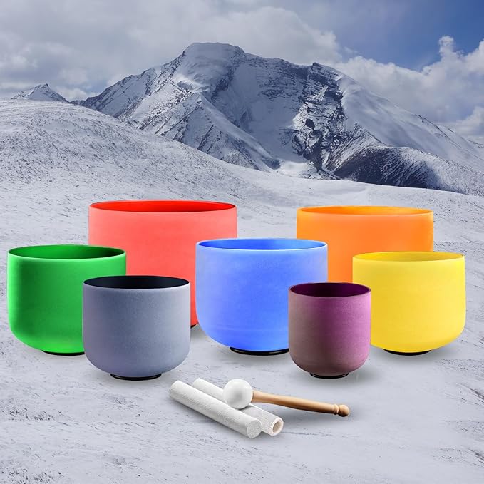 KRESEC 432Hz 6-12 Inch Crystal Singing Bowls Set of 7 – Multicolored Quartz Chakra Tuned Sound Healing Bowls for Meditation, Yoga & Reiki with Padded Cases, Suede Mallets & Silicone O-Rings - Bloomnest