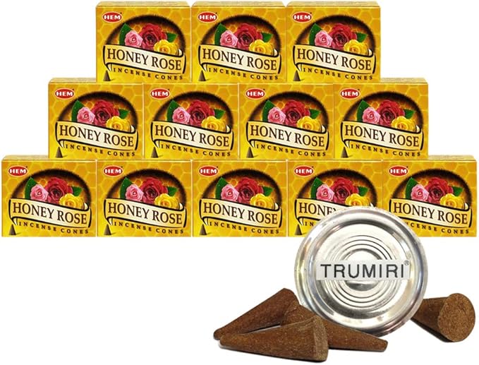 TRUMIRI Incense Cone Holder Bundle with Hem Honey Rose Incense Cones - Pack of 12 (Approx 120 Cones) TRUMIRI