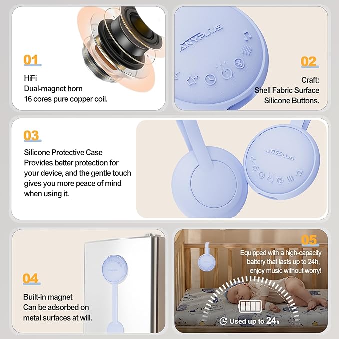 White Noise Machine for Sleeping Adults & Baby, Portable Sound Machine with 24 Soothing Sounds, Bluetooth 5.1, Battery Powered, 3 Timer Settings, Memory Function for Home, Office, Travel (Purple)