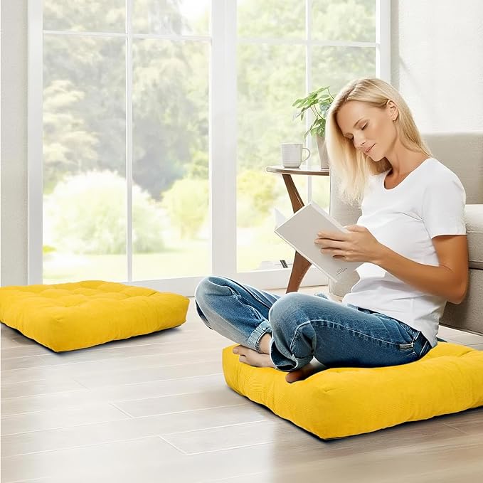 Meditation Floor Pillow Set of 2, Square Large Pillows Seating for Adults, Tufted Corduroy Cushion for Tatami Living Room, 22x22 Inch FP-Yellow