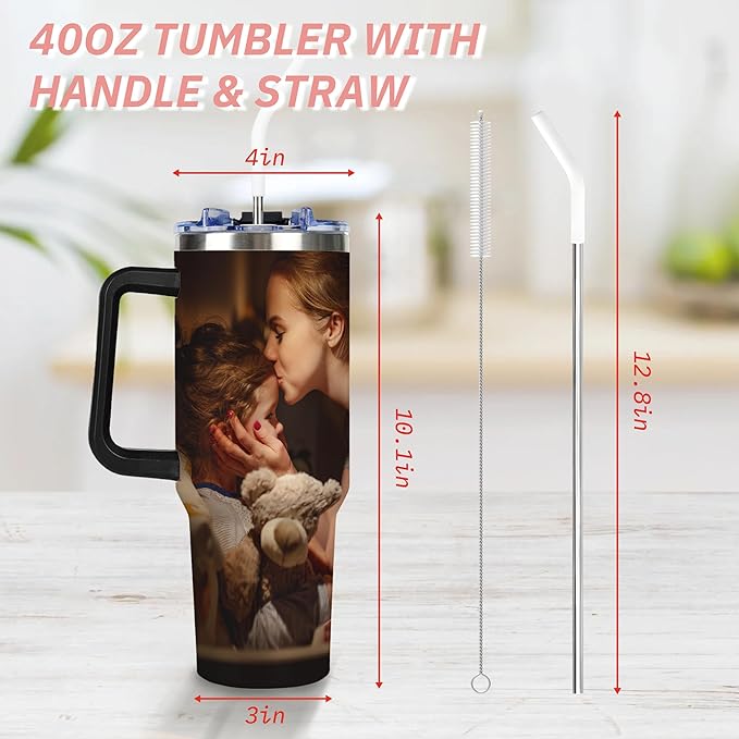 Personalized Tumbler with Handle and Straw, Custom 40oz Tumblers with Picture, Logo, Text, Customized Photo Stainless Steel Travel Coffee Cup for Women Men, Gifts for Birthday Christmas Anniversary - Bloomnest