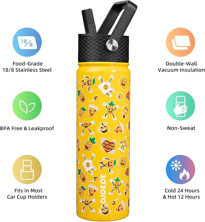 BJPKPK Insulated Water Bottle with Straw Lid, 22 oz Stainless Steel Metal Water Bottles, Reusable Leak Proof BPA Free Water Bottles, Cups, Thermo, Hawaii Fruits-Yellow - Bloomnest