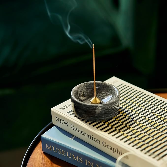 100% Marble Incense Holder Set, Stick Burner, Cone Ash Catcher Bowl, Japanese Incense Stand with Sandalwood Sticks and 2 Brass Burners, Mini-3”, Zen,Gray - Bloomnest