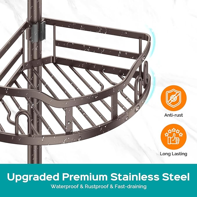 HAMITOR Corner Shower Caddy Tension Pole: Rustproof Stable 4-Tier Bathroom Organizer Shelves for Bathtub Shampoo Storage - 47-121 Inch Quick Install Adjustable Standing Rack with Soap Rack - Bronze - Bloomnest