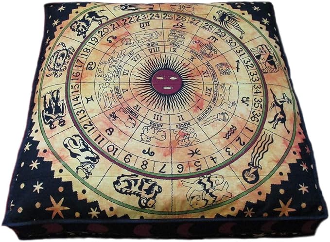 ICC Yellow Zodiac Mandala Barmeri Large Floor Pillow Cover Cushion Meditation Seating Ottoman Throw Cover Hippie Decorative Zipped Bohemian Pouf Ottoman Pom Pom Cases 24" Square - Bloomnest