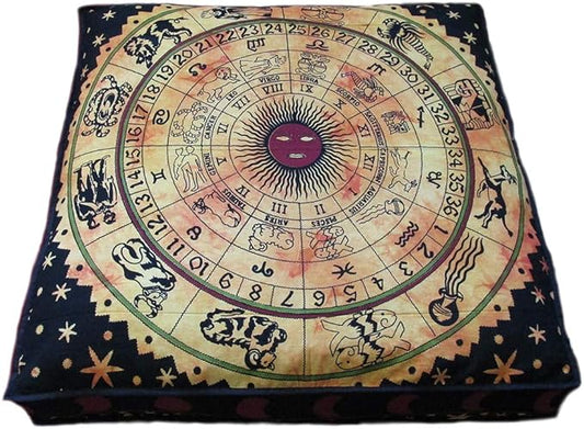 ICC Yellow Zodiac Mandala Barmeri Large Floor Pillow Cover Cushion Meditation Seating Ottoman Throw Cover Hippie Decorative Zipped Bohemian Pouf Ottoman Pom Pom Cases 24" Square - Bloomnest