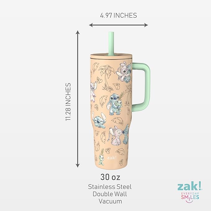 Zak Designs Disney Sutton Travel Tumbler for On the Go, 30oz Stainless Steel with Vacuum Insulation, Silicone Straw, and Carry Handle for Cold Drinks (Stitch, Angel) - Bloomnest