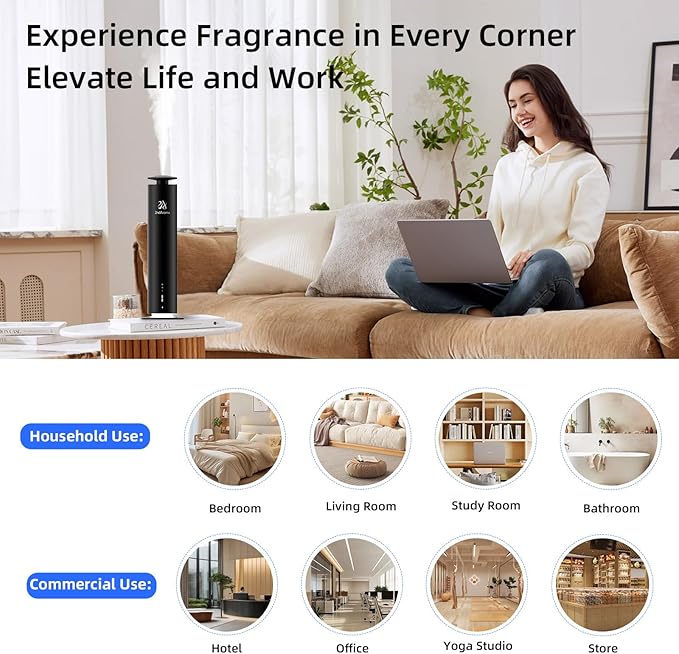 Waterless Scent Diffuser Starter Kit, Diffusers for Home Office Hotel 1000 Sq Ft Coverage, Cordless Essential Oil Diffuser Large Room with 3 Mood Lights, 3 Scent Oils, App Control, Black - Bloomnest