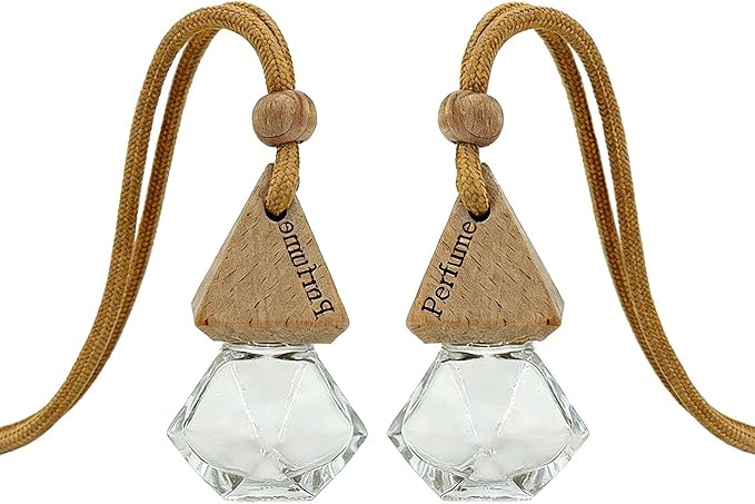 2-Pack Hanging Car Air Freshener, Refillable Glass Diffuser Bottle with Wooden Cap, Drift Car Freshener for Essential Oils, Long-Lasting Scent - Car Accessories for Women Men-Rhombus - Bloomnest