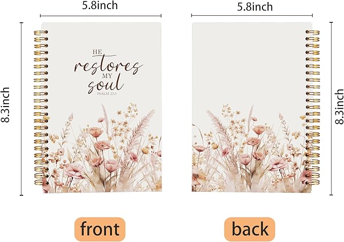 Christian Notebook for Women, Christian Art Gifts Journal, Prayer Journal for Women, Bible Journaling Notebook, PSALM 23:3 He Restores My Soul Floral Spiral Notebook 5.5x8.3 - Bloomnest