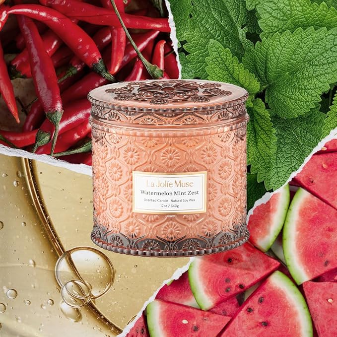 LA JOLIE MUSE Watermelon Mint Zest Candle - Eucalyptus, Sage, Lavender | 12 oz Large 2-Wick Soy Wax Candle | 60 Hours Clean Burn | Gift-Ready for Hosts & Gatherings | Elegant Home Décor - Bloomnest