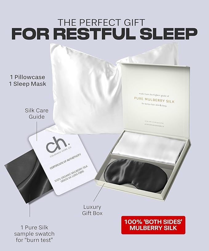 SUNDAYSILKS™ Mulberry Silk Pillowcase Set of 2, Queen Size, Midnight Black Silk Sleep Mask Included - Bloomnest