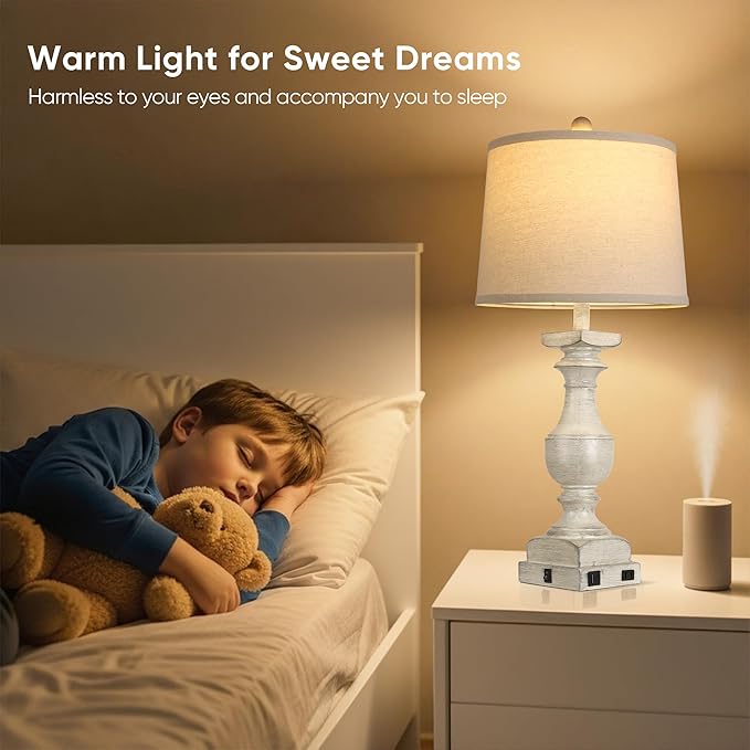 Farmhouse Table Lamp Set of 2, 28'' Bedside Lamps with USB A+C Port, Traditional Nightstand Lamps for Room, Vintage Table Lamp, Desk Lamp for Bedroom, Beige Lampshade, Rocker Switch, Bulb Included - Bloomnest