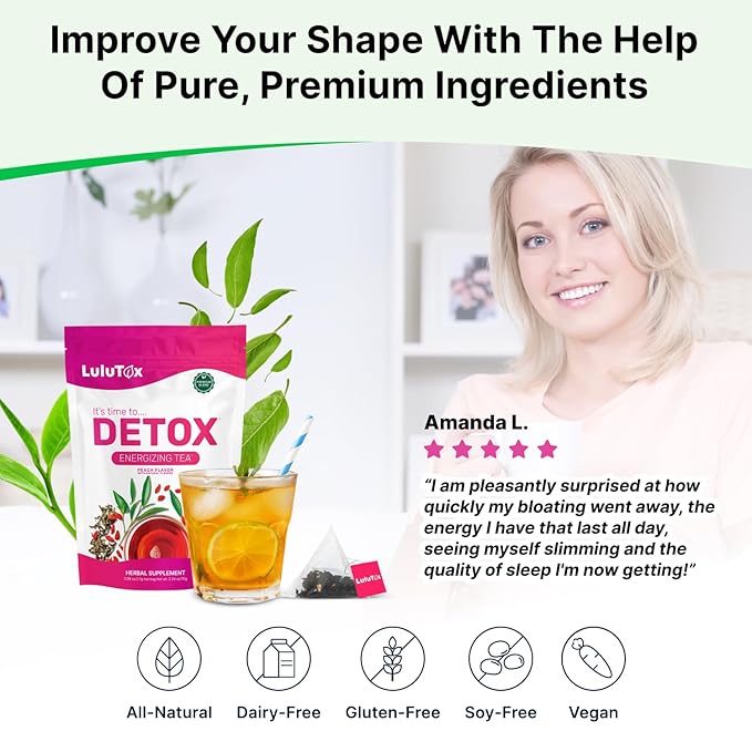 LULUTOX Detox Tea - Slimming Tea with Dandelion and Ginseng to Support Goals for Detox Cleanse, Flat Belly, Bloating, Healthy Weight and Digestive Health - Women & Men - Peach Flavor (28 Servings) - Bloomnest